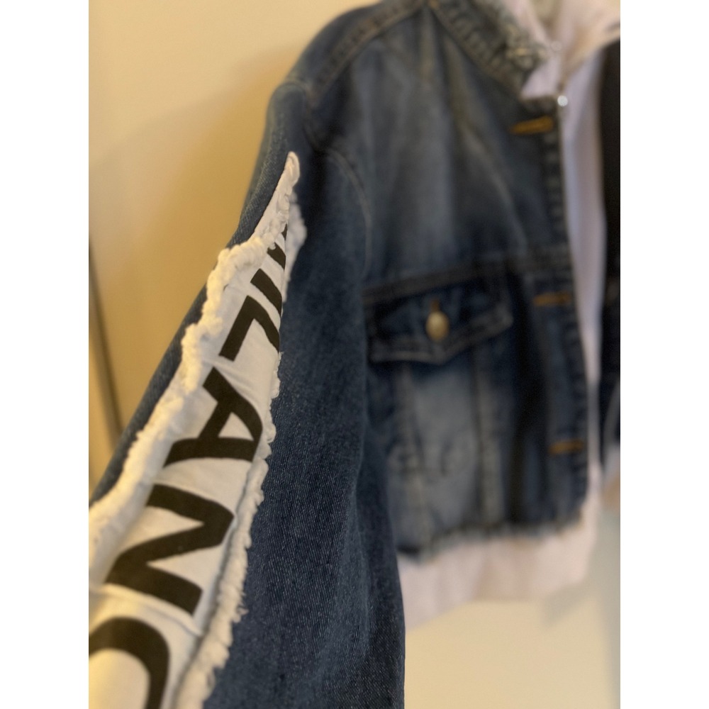 American Bazi Women Cropped Hoodie Denim Jacket Fashion Tour Blue White - Picture 11 of 13